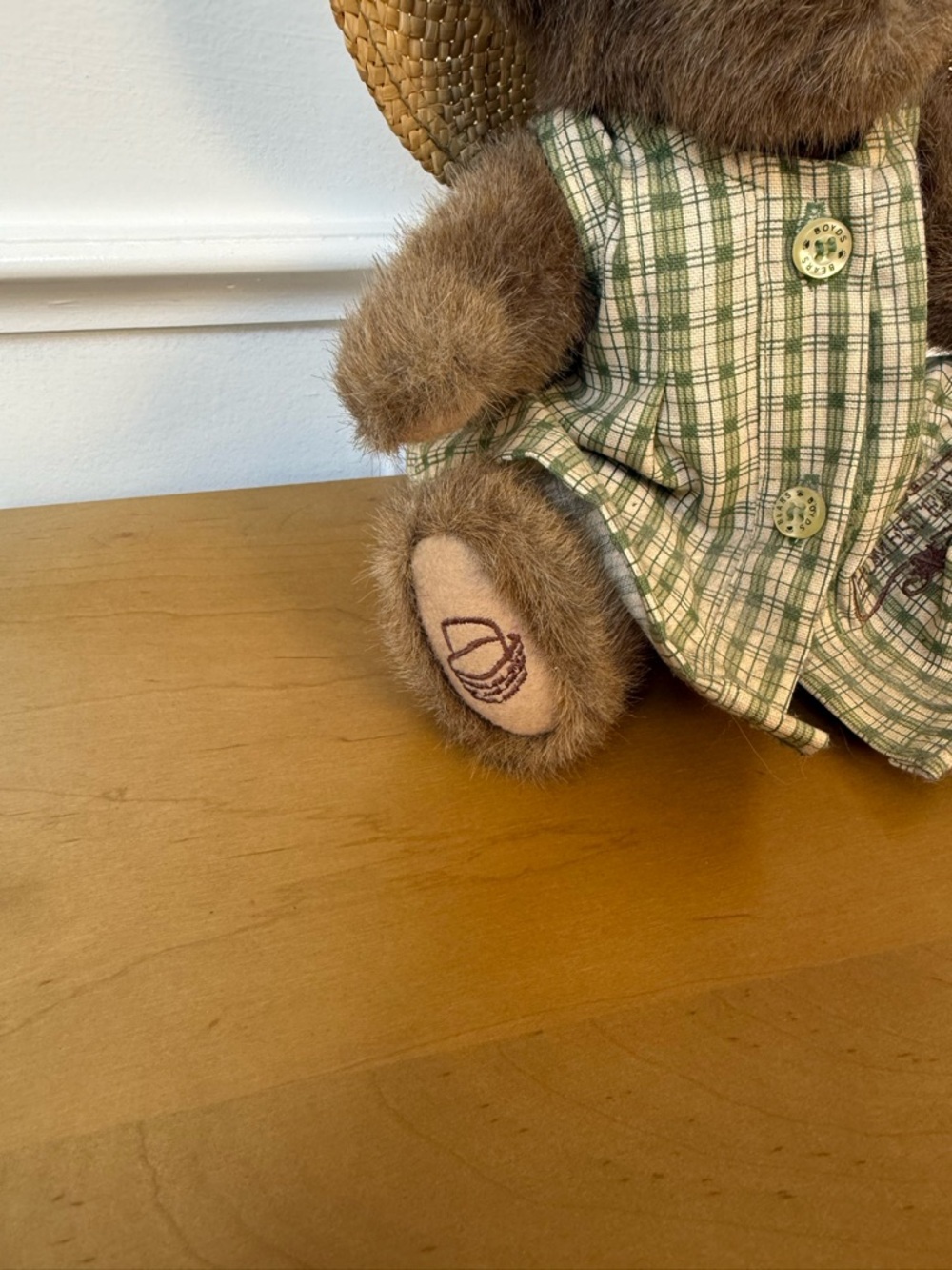 Boyds Bears Plush Bear in Straw Hat and Green Plaid Dress - Picture 2 of 5